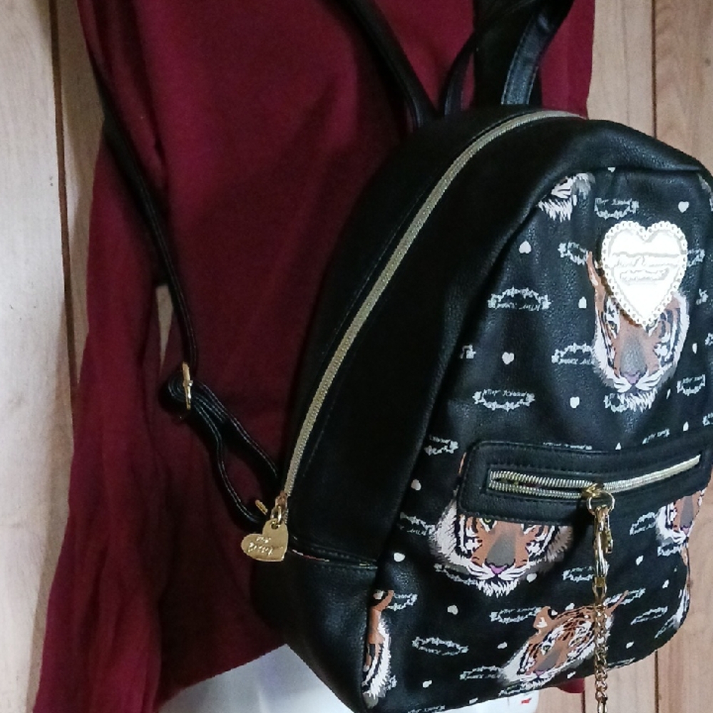 Betsey Johnson Black Tiger Print Faux Leather Backpack with Pom Pom - Picture 6 of 9